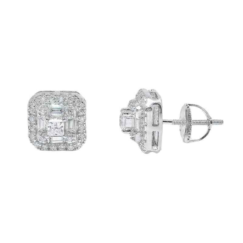 Sterling Silver Moissanite Pave Rounded Square Screwback Earrings (9mm)