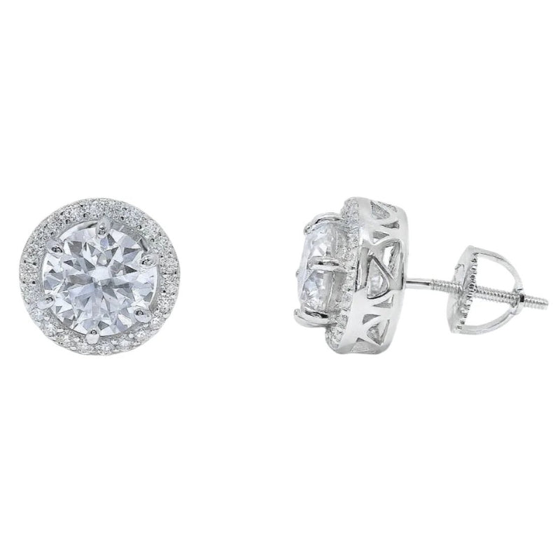 Sterling Silver Moissanite Round Halo Screwback Earrings (10.5mm)