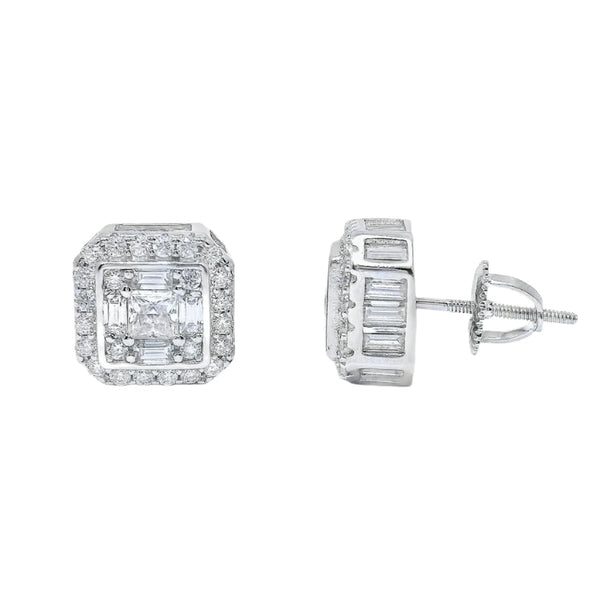 Sterling Silver Moissanite Pave Baguette Octagon Screwback Earrings (10mm)