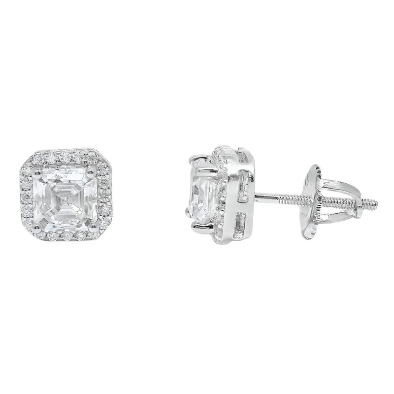 Sterling Silver Moissanite Asscher Cut Halo Screwback Earrings (7.5mm)