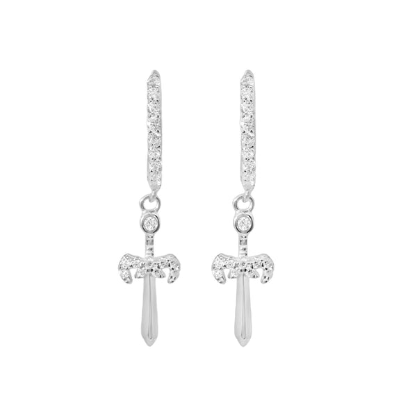 Sterling Silver Dangling CZ Cross Huggie Earrings