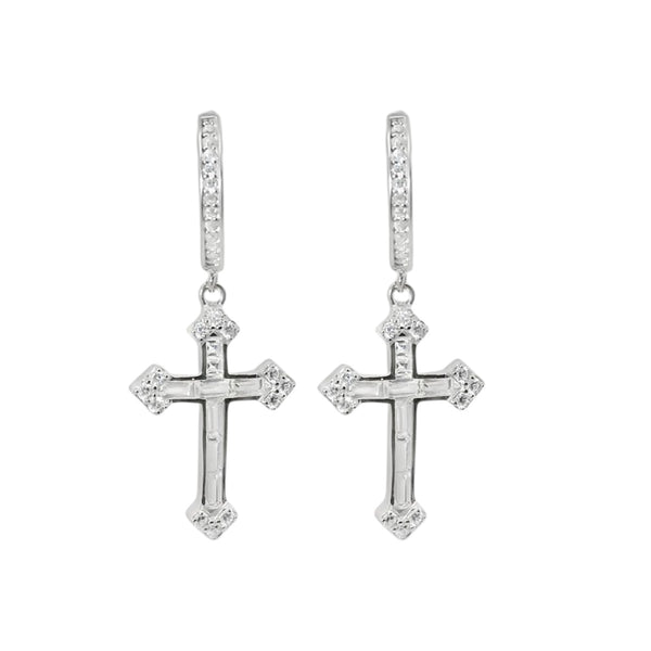 Sterling Silver Dangling CZ Cross Huggie Earrings