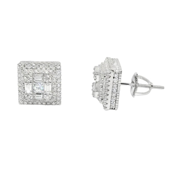 Sterling Silver Moissanite Pave Square Screwback Earrings (10mm)