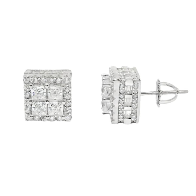 Sterling Silver Moissanite Pave Thick Square Screwback Earrings (10mm)