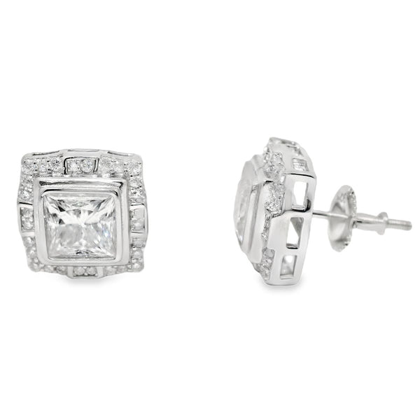 Sterling Silver Moissanite Princess Cut W/ Halo Screwback Earrings (11mm)