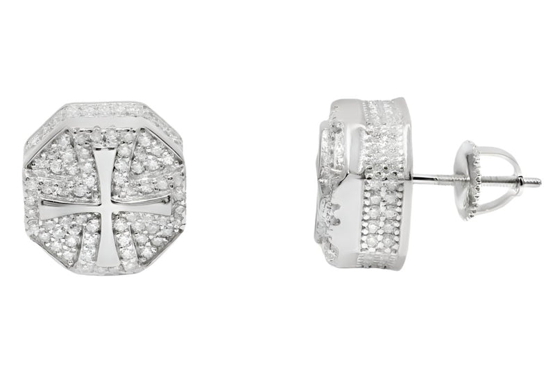 Sterling Silver Moissanite Pave Octagon Cross Screwback Earrings (11mm)