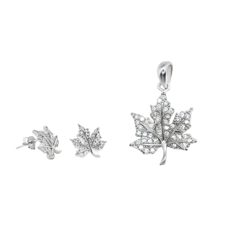 Sterling Silver CZ Leaf Pendant/Earrings Set