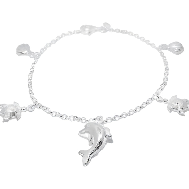 Sterling Silver Sea Shell, Turtle, Dolphin Charm Bracelet