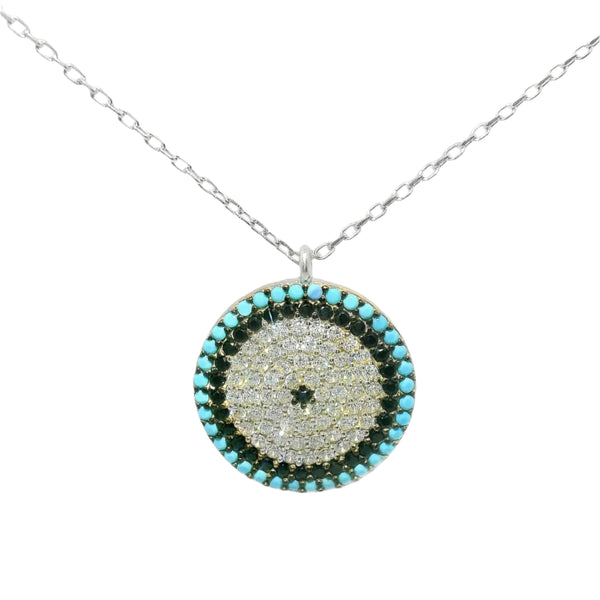 Sterling Silver Round Black, Turquoise, Clear CZ Evil Eye Necklace