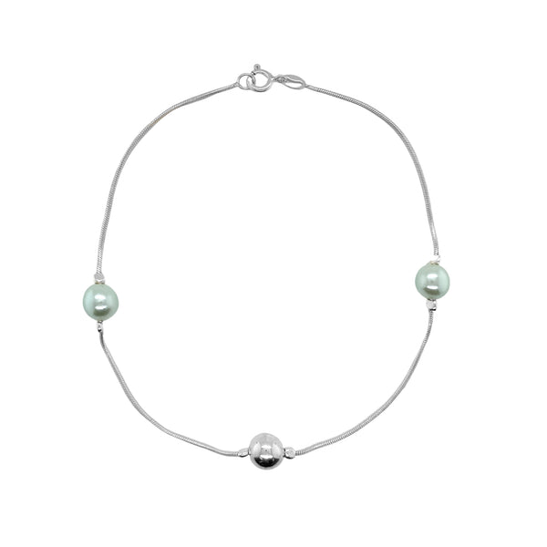 Sterling Silver Light Green & Silver Pearl Anklet (10")