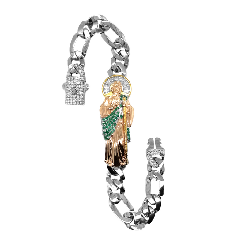 925 Mexican Sterling Silver Saint. Jude Tri-color Figaro Bracelet with CZ stones