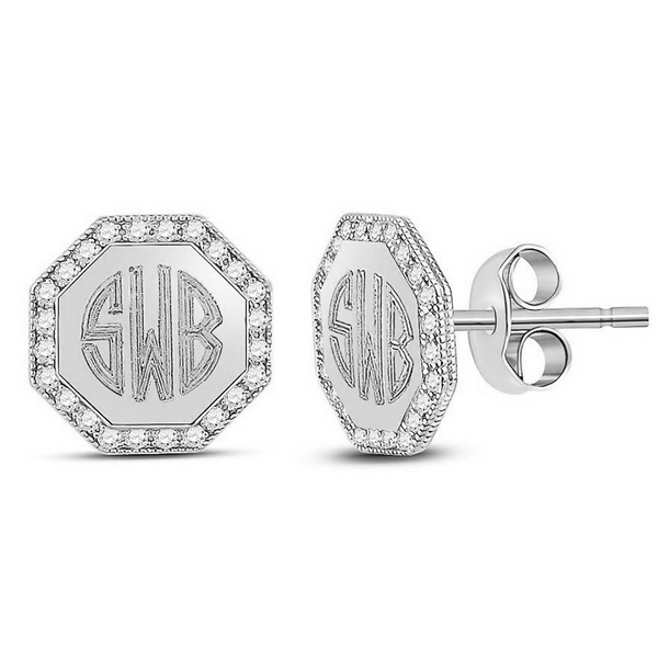 Elegant Engravable Sterling Silver Octagon Shaped CZ Stud Earrings