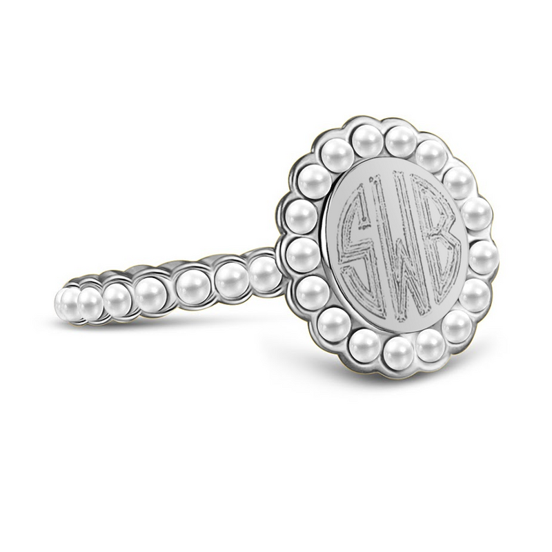 Sterling Silver Engravable Round Ring With Pearls all around