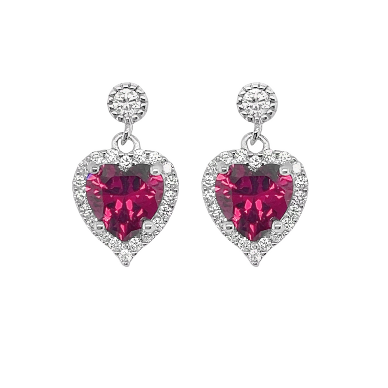 Sterling Silver CZ Heart Halo Dangling Post Earrings (6 Colors)