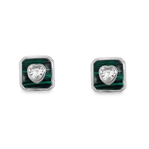 Sterling Silver Square Green Enamel W/ CZ Heart Stud Earrings