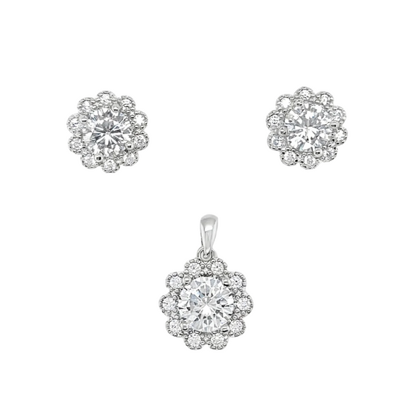 Sterling Silver CZ Flower Pendant & Earrings Set