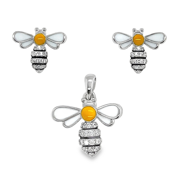 Sterling Silver CZ & Enamel Bumble Bee Pendant & Earrings Set