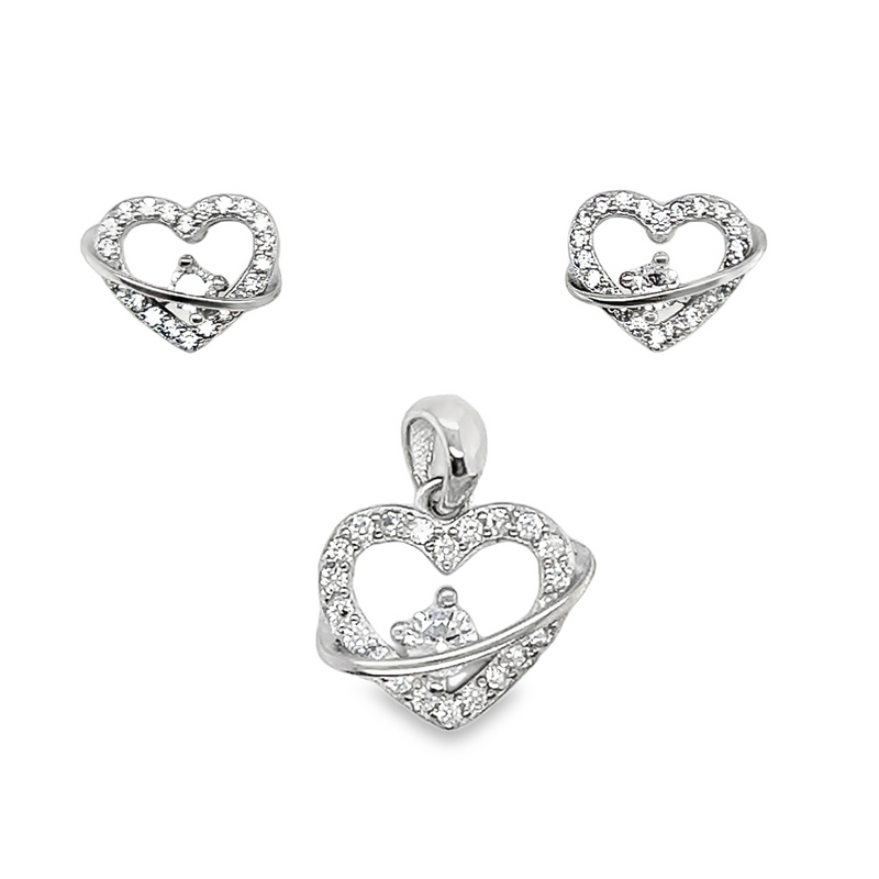 Sterling Silver CZ Heart Pendant & Earrings Set