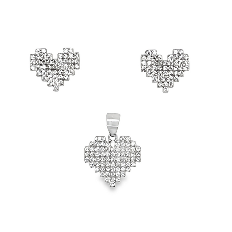 Sterling Silver CZ Pave Heart Pendant & Earrings Set