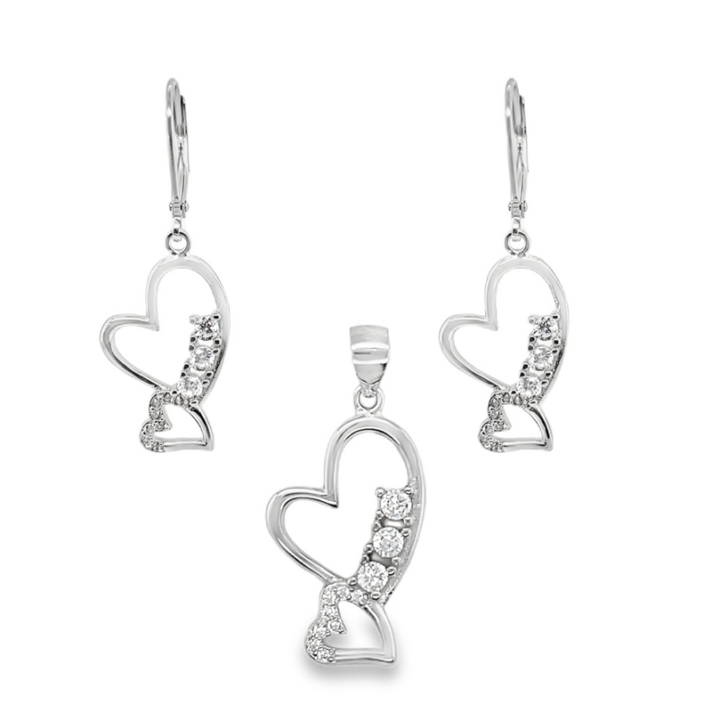 Sterling Silver CZ Double Heart Pendant & Huggie Earrings Set