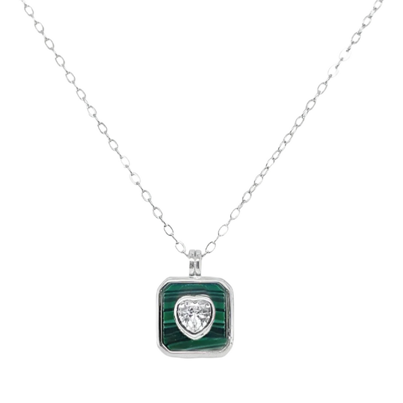 Sterling Silver Green Enamel W/ CZ Heart Necklace