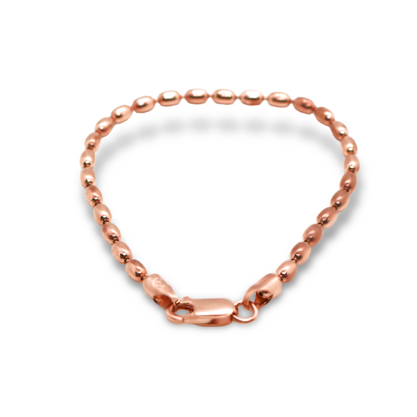 Sterling Silver Rose Gold Plated 3MM Oval Rice Bead Bracelet (300 Gauge)