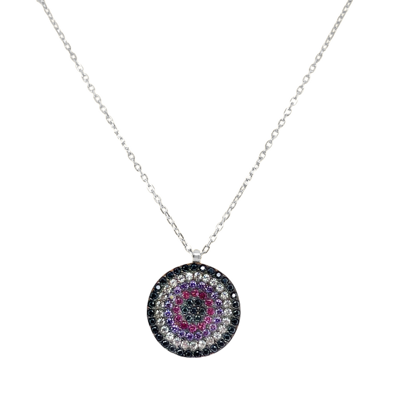 Sterling Silver Multi Color Round Evil Eye Necklace