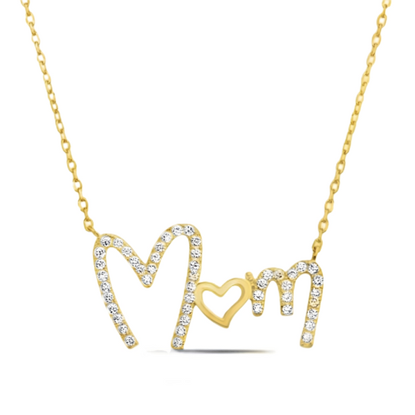 Sterling Silver CZ "MOM" Heart Necklace