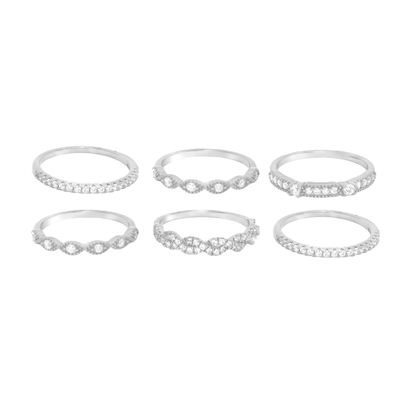 Sterling Silver 6 Band CZ Stackable Ring Set