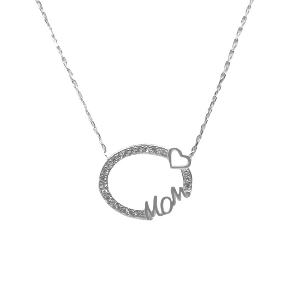 Sterling Silver Hollow CZ Oval W/ "MOM" & Heart Necklace