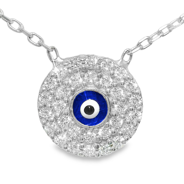 Sterling Silver Round CZ Blue Enamel Evil Eye Necklace