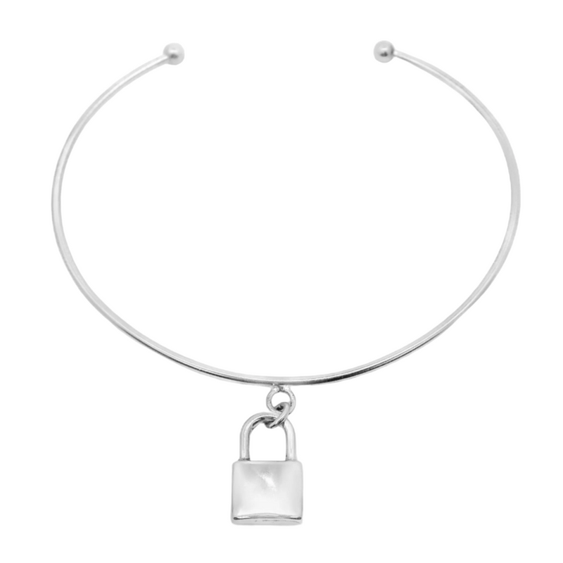 Sterling Silver Rhodium Lock Cuff Bangle