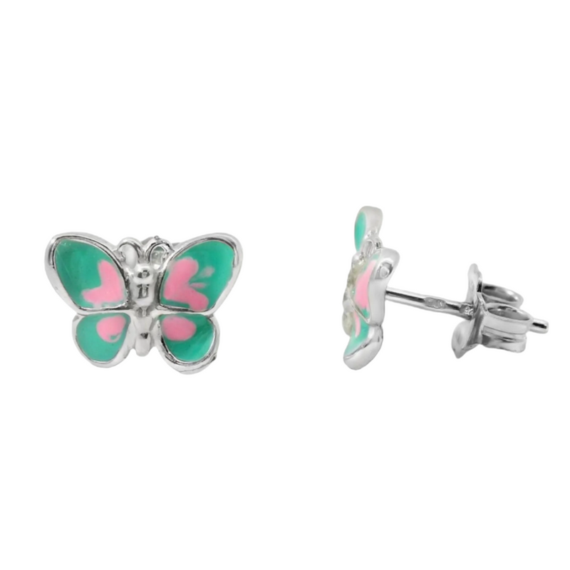 Sterling Silver Green/Pink Enamel Butterfly Studs