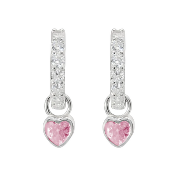 Sterling Silver CZ Dangling Pink Heart Huggie Earrings