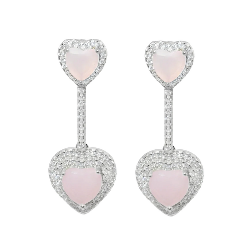 Sterling Silver CZ Pink Heart Halo Dangling Earrings