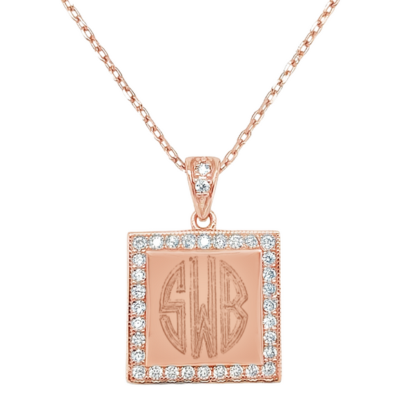 Sterling Silver Engravable Square CZ Border Pendant & Bail Necklaces