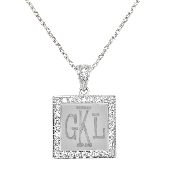 Sterling Silver Engravable Square CZ Border Pendant & Bail Necklaces