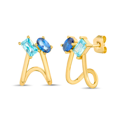 Gold Baguette Blue Topaz And Oval Sapphire CZ Split Huggie Earrings