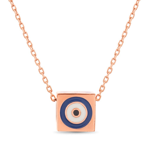 Sterling Silver Rose Gold Plated Enamel Evil Eye Cube Necklace