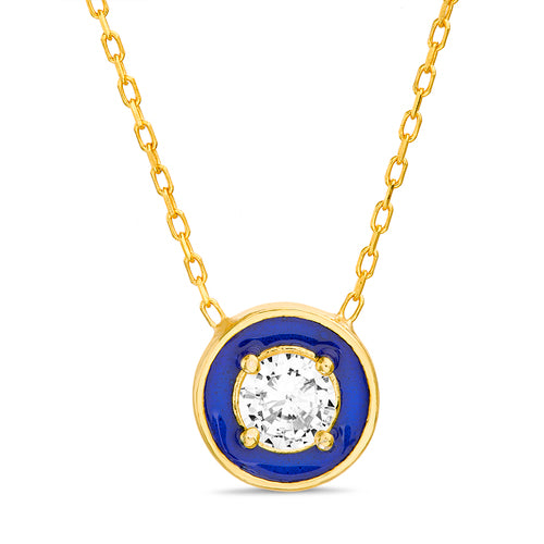 Sterling Silver Gold Plated CZ Prong/Blue Enamel Round Necklace