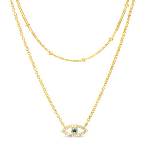 Sterling Silver Gold Plated Double Layered Evil Eye Station Necklace