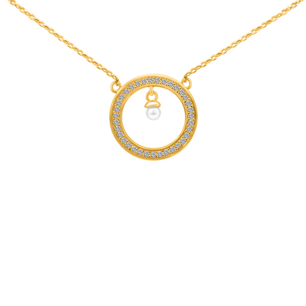 Sterling Silver Gold Plated Circle CZ Dangle Pearl Necklace