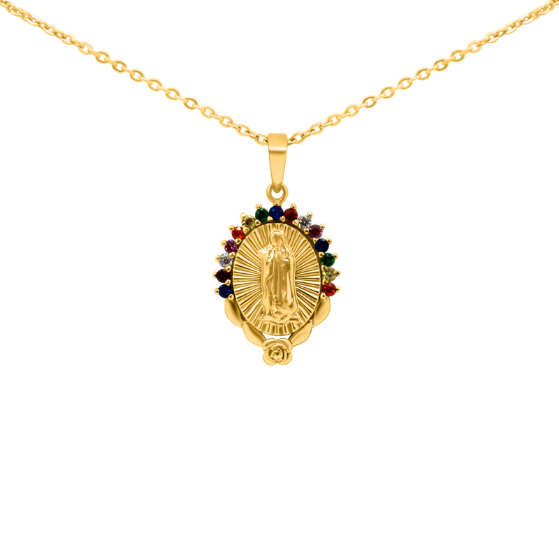 GOLD MULTI COLOR CZ VIRGIN MARY NECKLACE