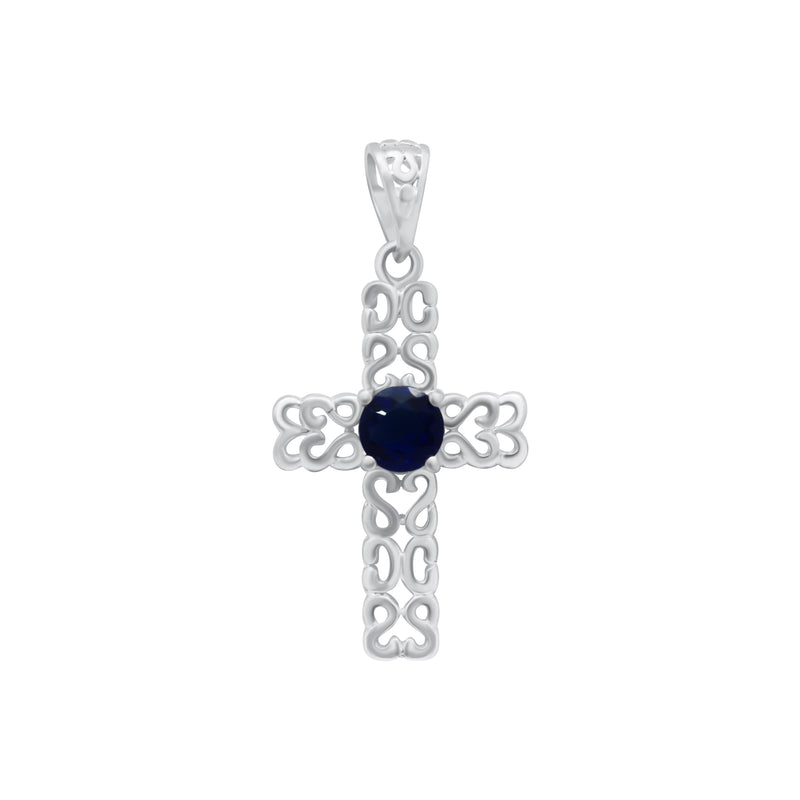 Sterling Silver Decorative Cross w/ Sapphire Center Gemstone